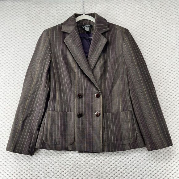 Etcetera Pinstripe Blazer Double Breasted Career Jacket‎ Brown Wool Blend Size 0 - Picture 1 of 13